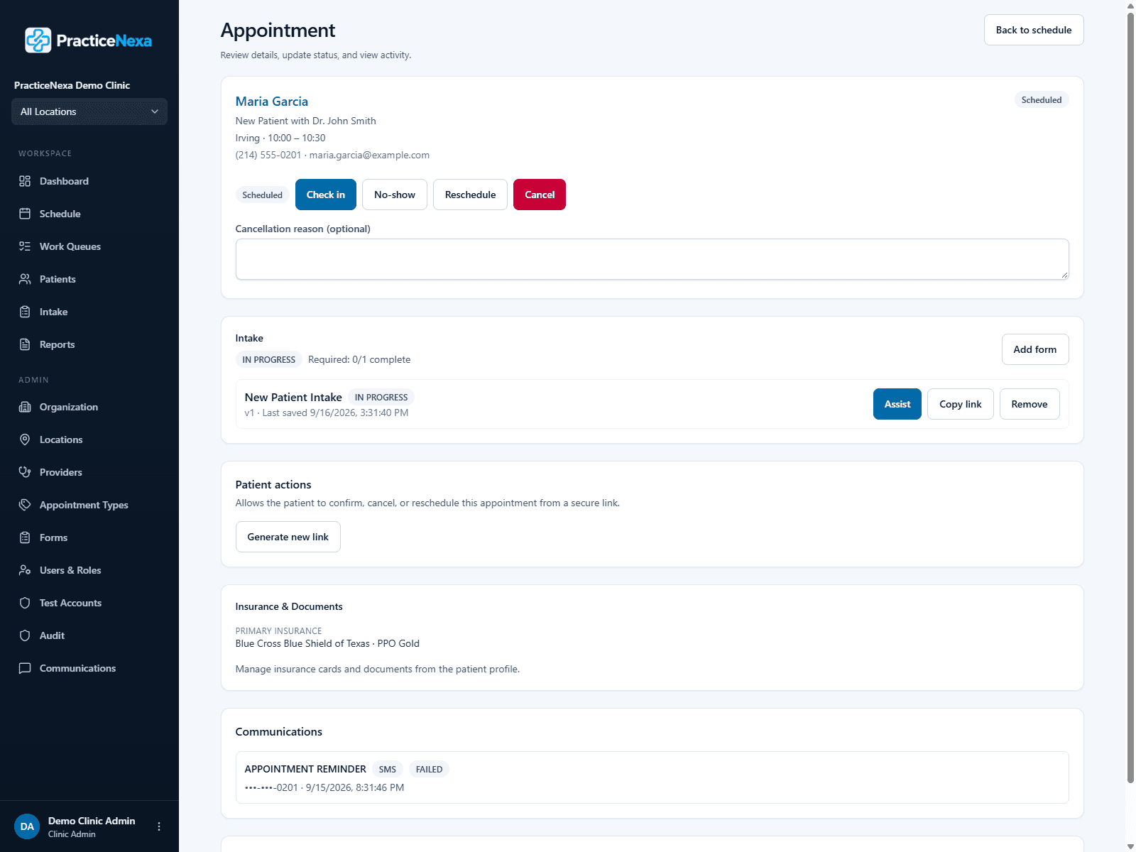 PracticeNexa appointment detail showing visit readiness and required follow-up