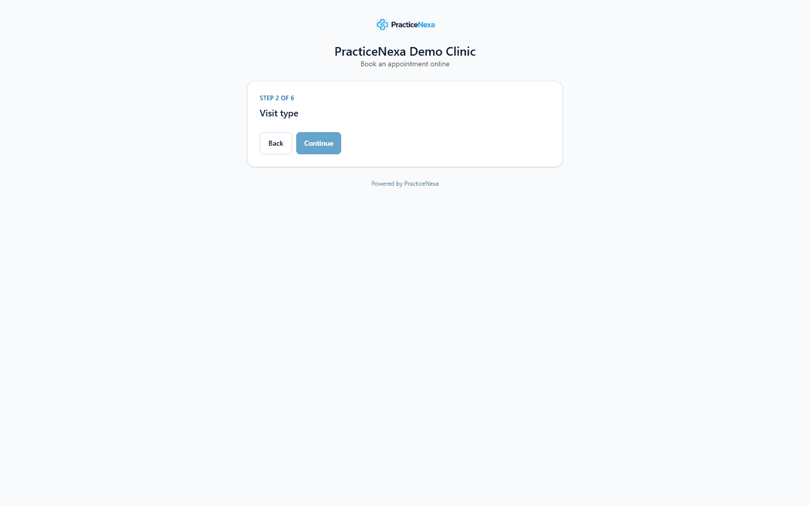 PracticeNexa patient self-scheduling screen